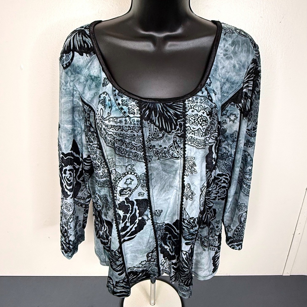 Unbranded Blouse Womens Plus Size Blue Grey Floral Paisley Boho Goth Top